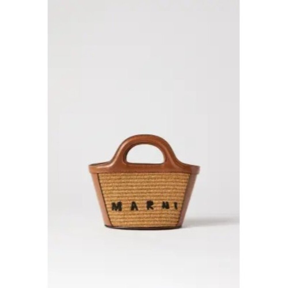 Marni Tan Raffia Tote with Brown Leather Trim